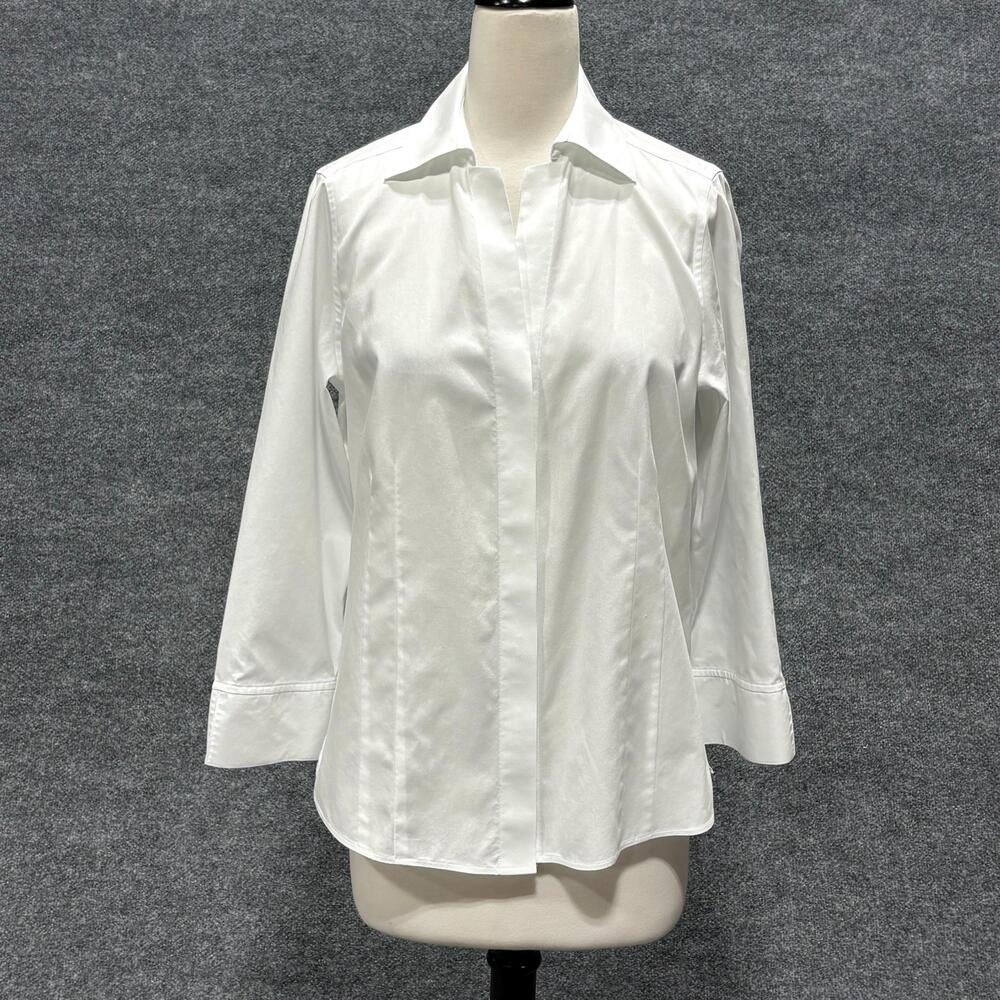 Foxcroft Button Up Shirt Womens 8 White 100% Cotton 3/4 Sleeve Tunic Top